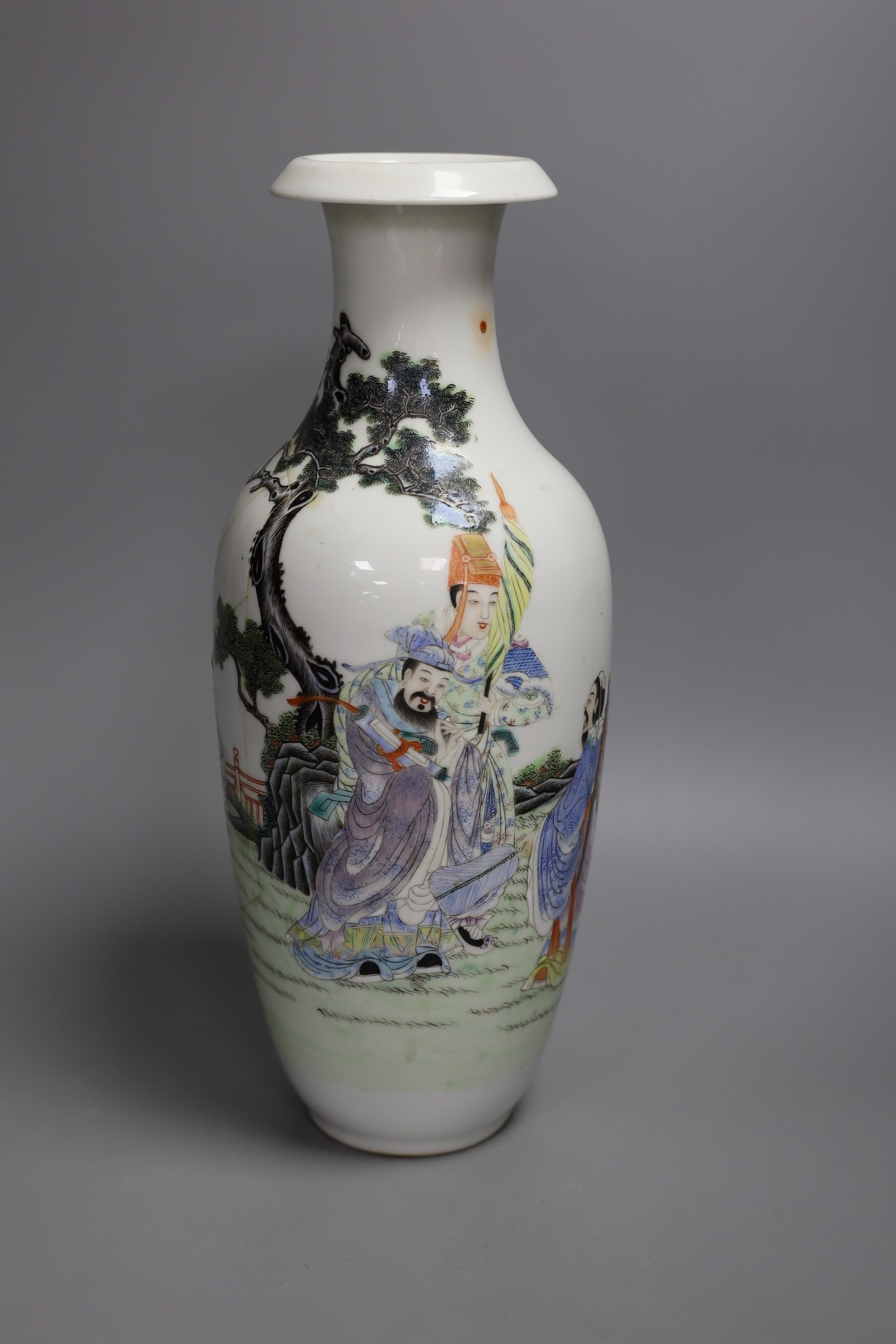 A Chinese Republic famille verte vase with figures (a.f.), 33cm tall